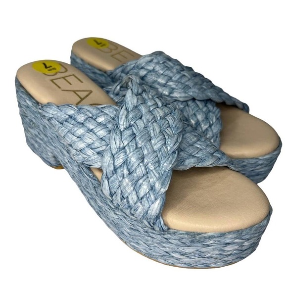 NWOT Beach by Matisse Vegan Reflection Blue Raffia Platform Slide Sandals size 7 - Picture 1 of 10